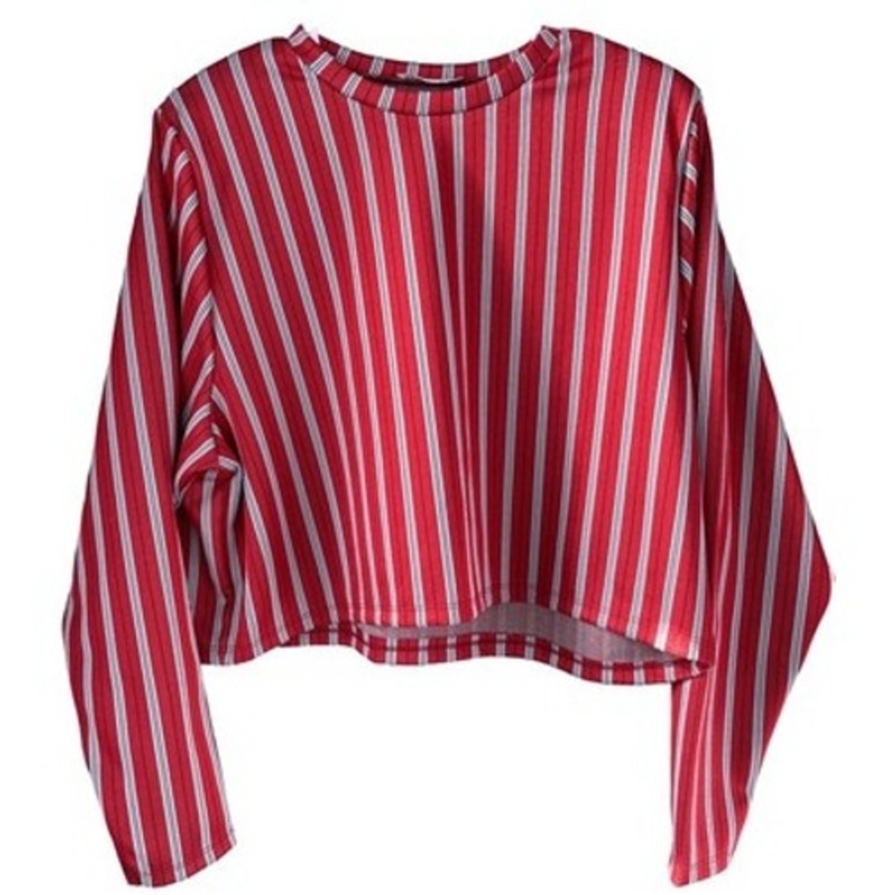T4 ZARA Red White Blue Stripe Long Sleeve Crop‎ Top Women XS
